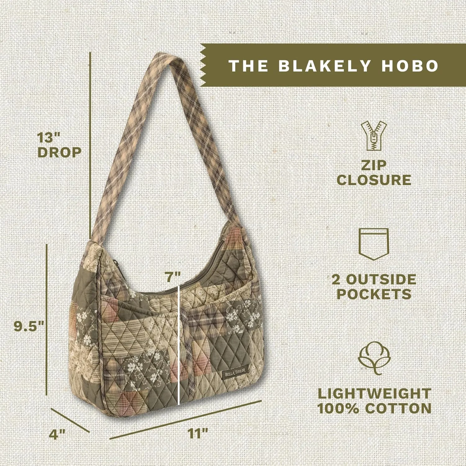 Bella Taylor Blakely - Hobo Shoulder Bag for Women - Lightweight Quilted Fabric Purse with Pockets