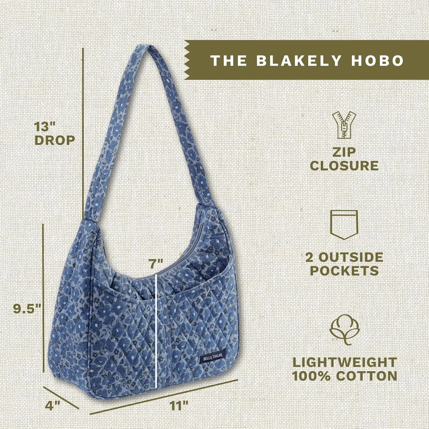 Bella Taylor Blakely - Hobo Shoulder Bag for Women - Lightweight Quilted Fabric Purse with Pockets