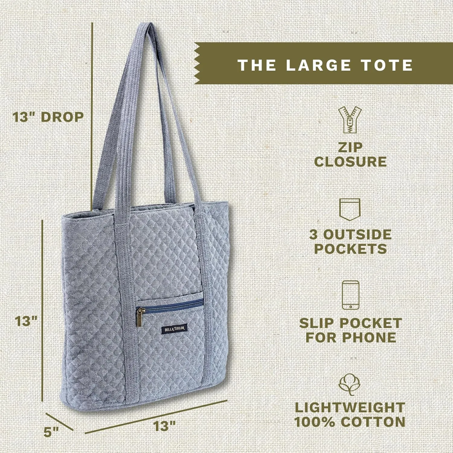 Bella Taylor Large Tote | Lightweight Quilted Fabric Tote Bags for Women
