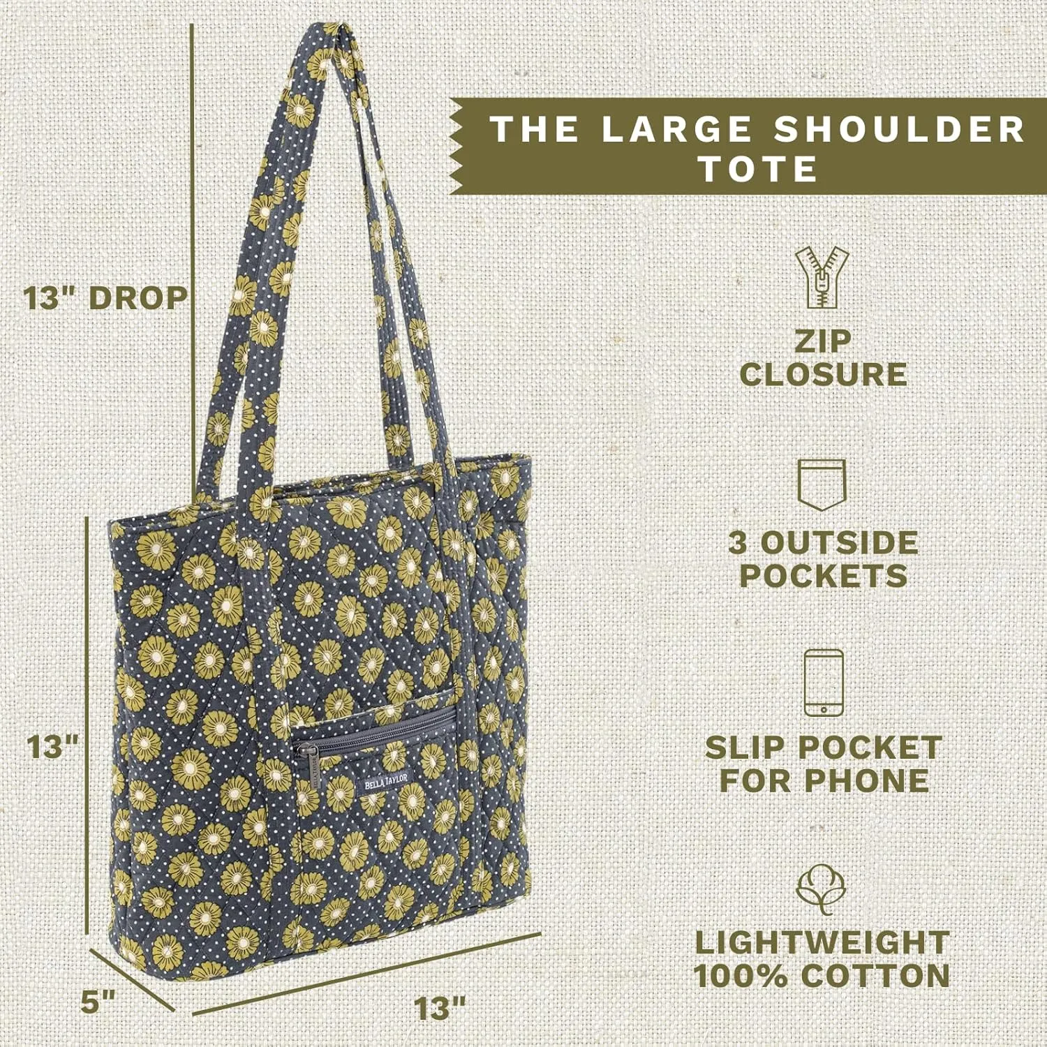 Bella Taylor Large Tote | Lightweight Quilted Fabric Tote Bags for Women