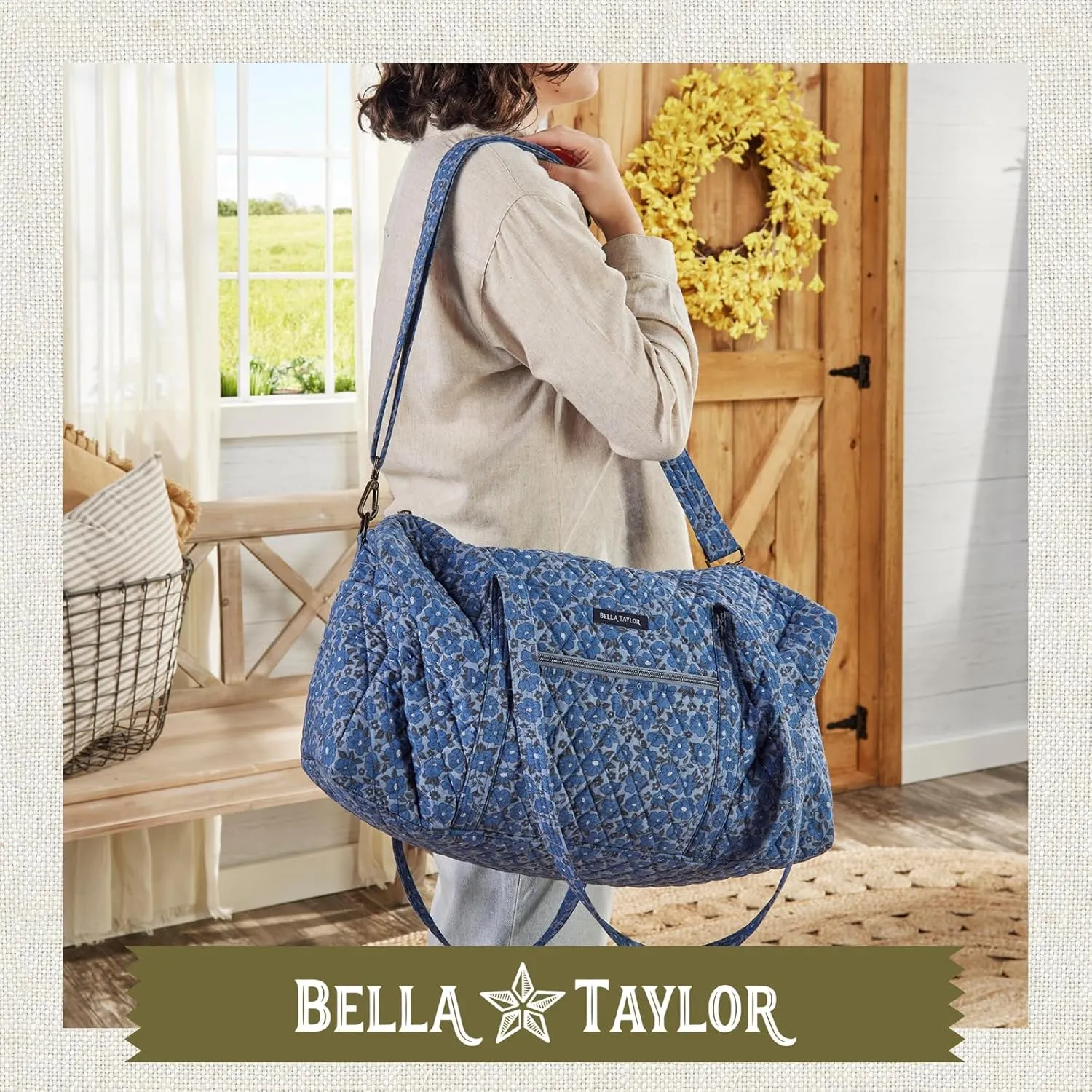 Bella Taylor Quilted Duffle Bag for Women, Large Carry On Travel Weekend Bag, Quilted Cotton Navy Floral