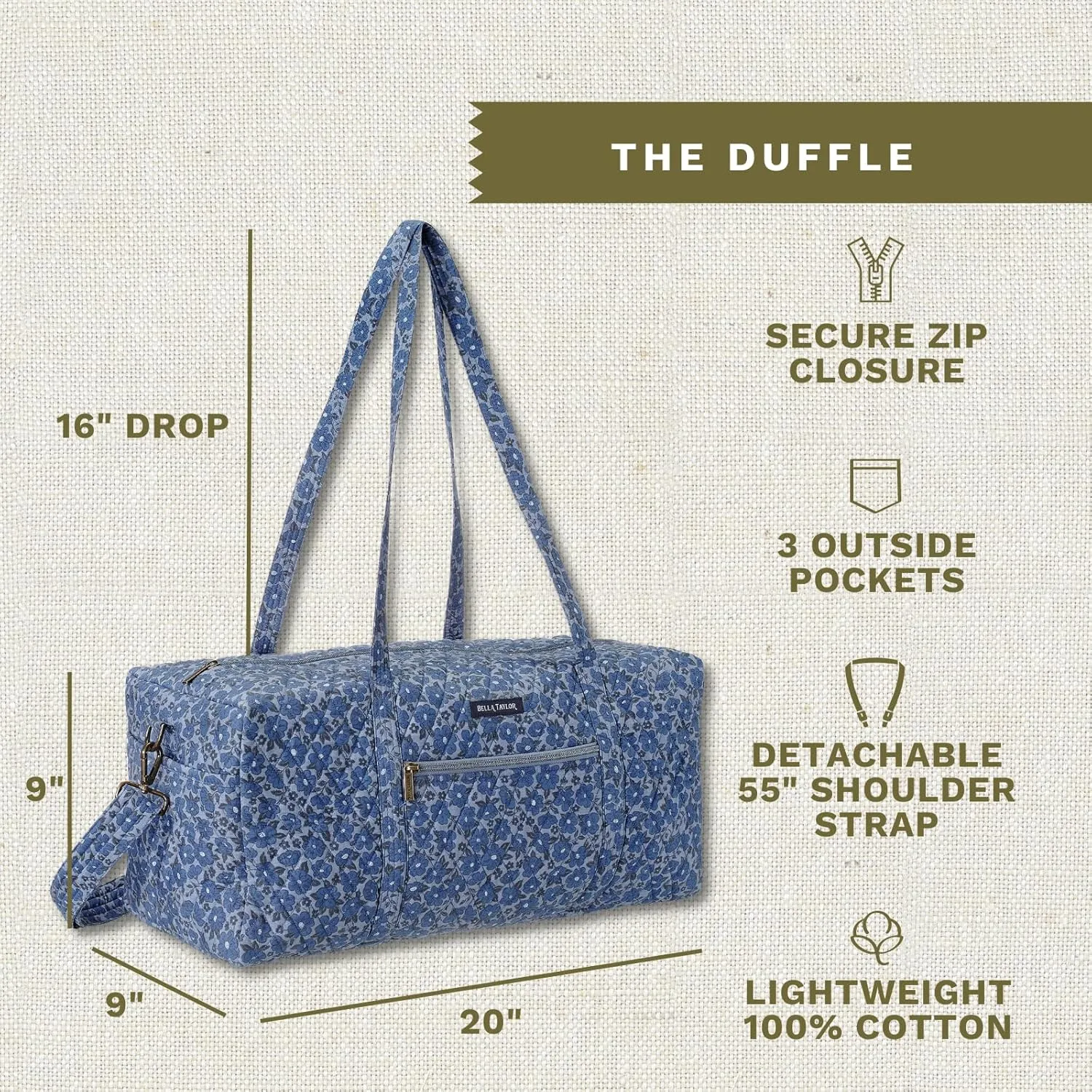 Bella Taylor Quilted Duffle Bag for Women, Large Carry On Travel Weekend Bag, Quilted Cotton Navy Floral