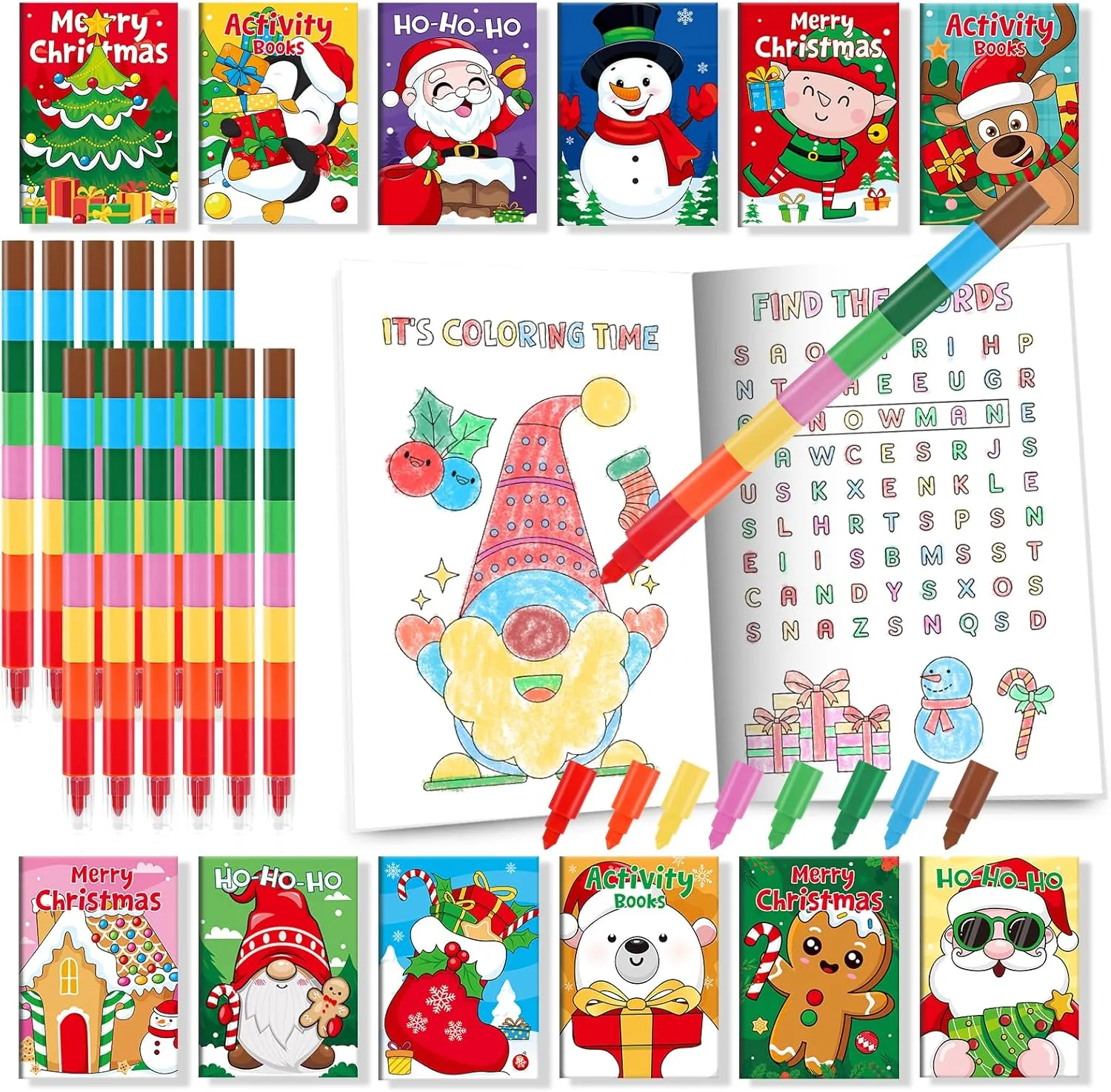 BenLouis Christmas Mini Coloring Activity Books Kids with Stacking Crayons Christmas Party Favors Bulk for Students Holiday Classroom School Gift Prizes Goodie Bags Stuffer （24set Activity ）