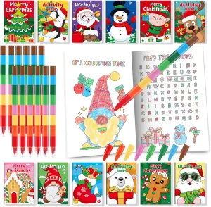 BenLouis Christmas Mini Coloring Activity Books Kids with Stacking Crayons Christmas Party Favors Bulk for Students Holiday Classroom School Gift Prizes Goodie Bags Stuffer （24set Activity ）