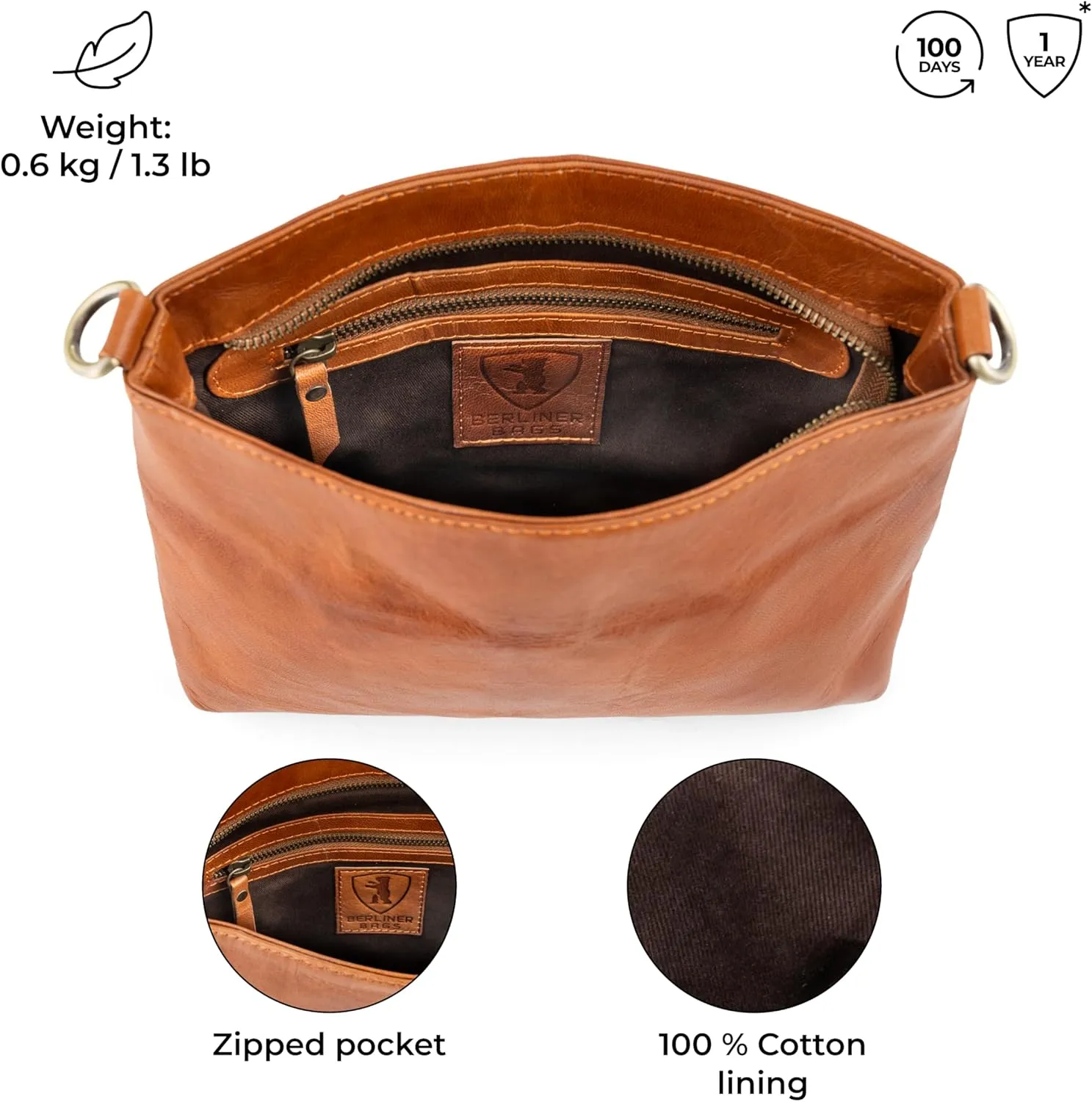 BERLINER BAGS Vintage Genuine Leather Shoulder Bag Marbella, Crossbody Purse for Women, Satchel Bag