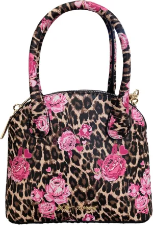 Betsey Johnson XO Hope MINI Dome Satchel Twin Multi Pink Rose Brown Leopard Printed Faux Leather MINI Crossbody With Gold Tone Metal Hardward And Adjustable Detachable Crossbody Strap