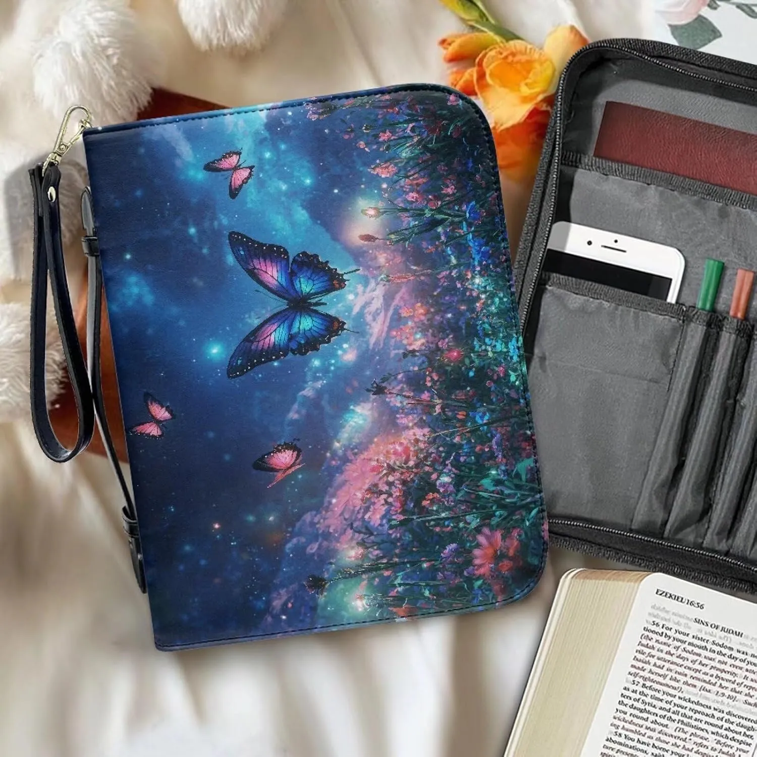 Bible Cover Case for Women ＆ Men Large Bible Protective Tote Handle Bags Waterproof Black Ribbon Zipper Pockets