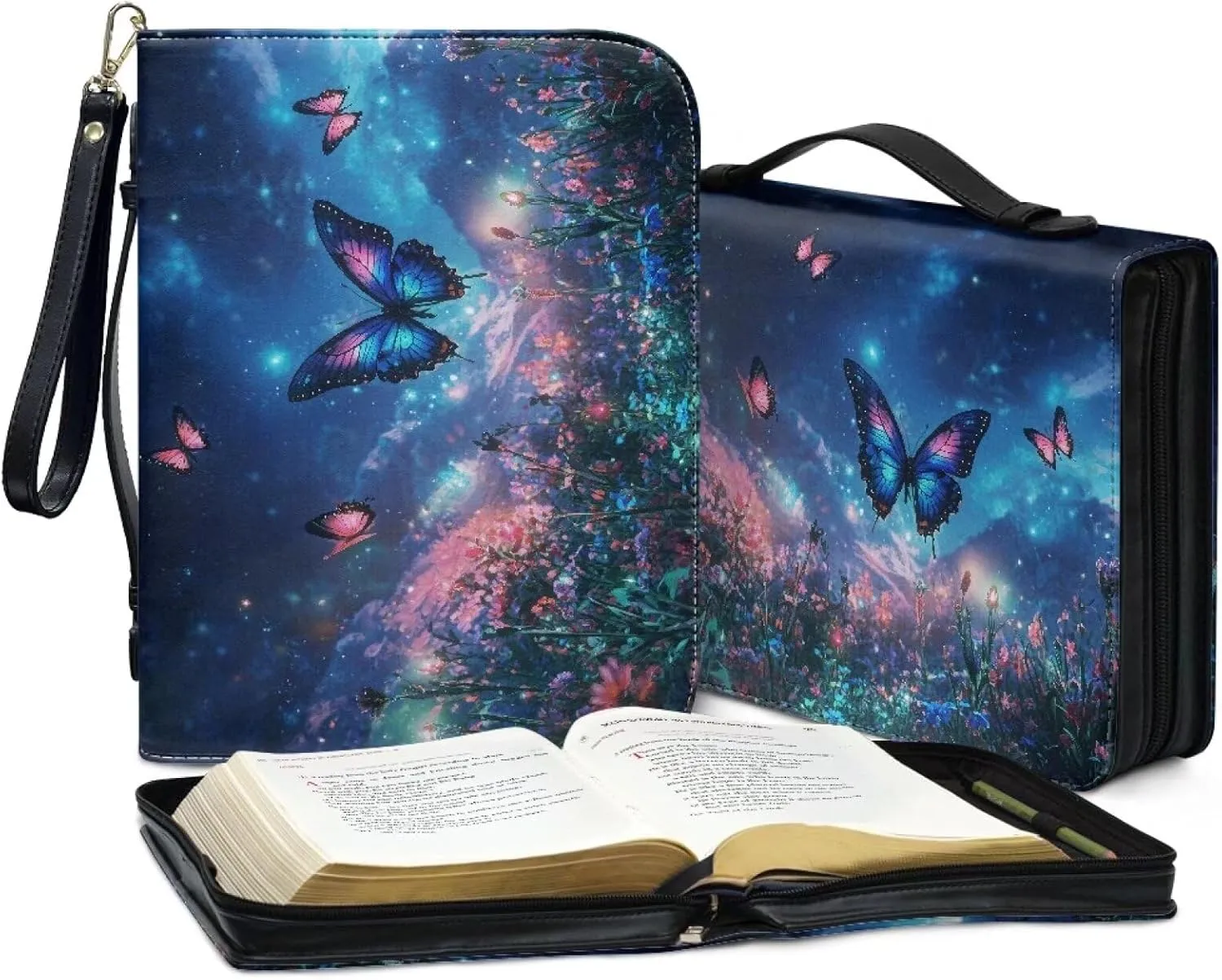 Bible Cover Case for Women ＆ Men Large Bible Protective Tote Handle Bags Waterproof Black Ribbon Zipper Pockets