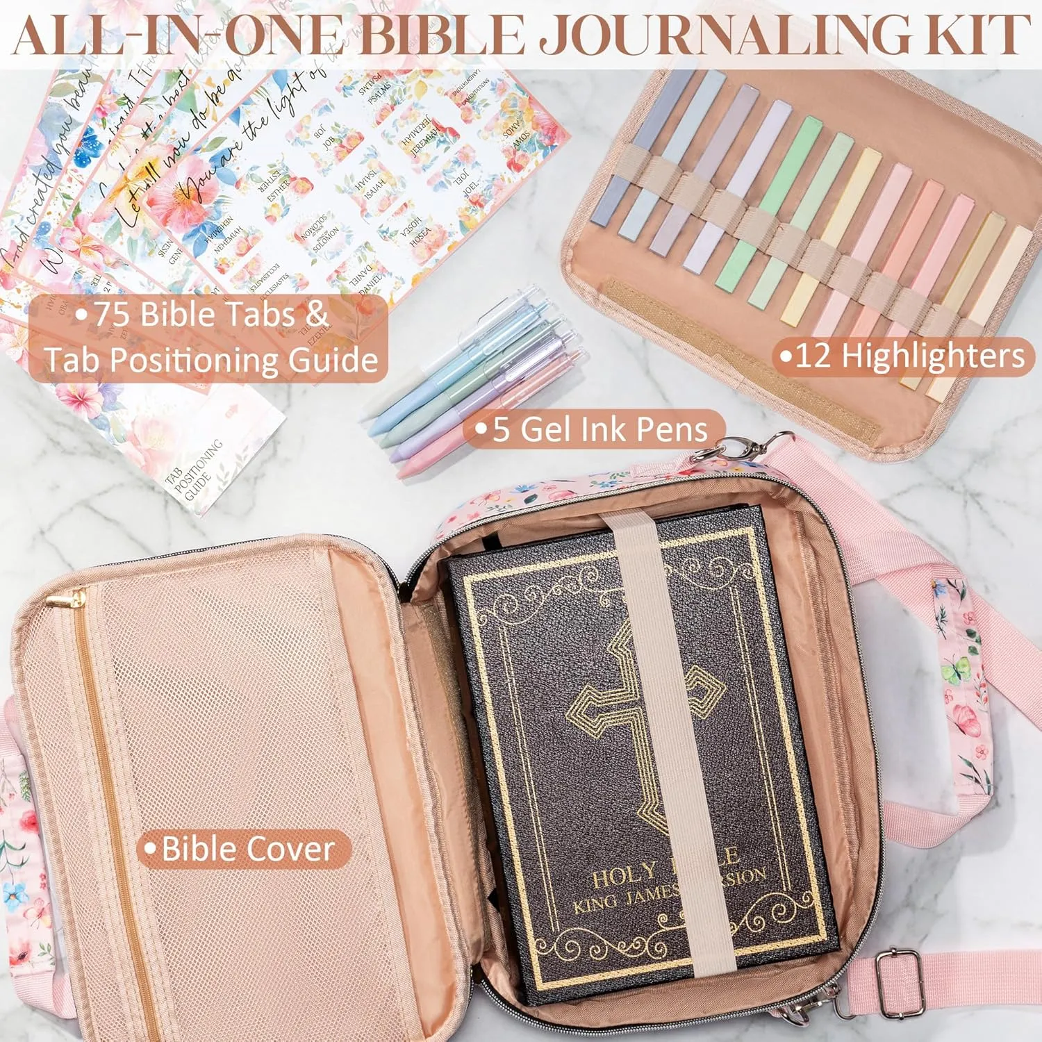 Bible Cover for Women Bible Case, Large Bible Bag w/Shoulder Strap, Bible Study Supplies Bible Journaling Kit Book Carrying Case with Bible Highlighters Tabs, Mothers Day Christian Gifts for Women
