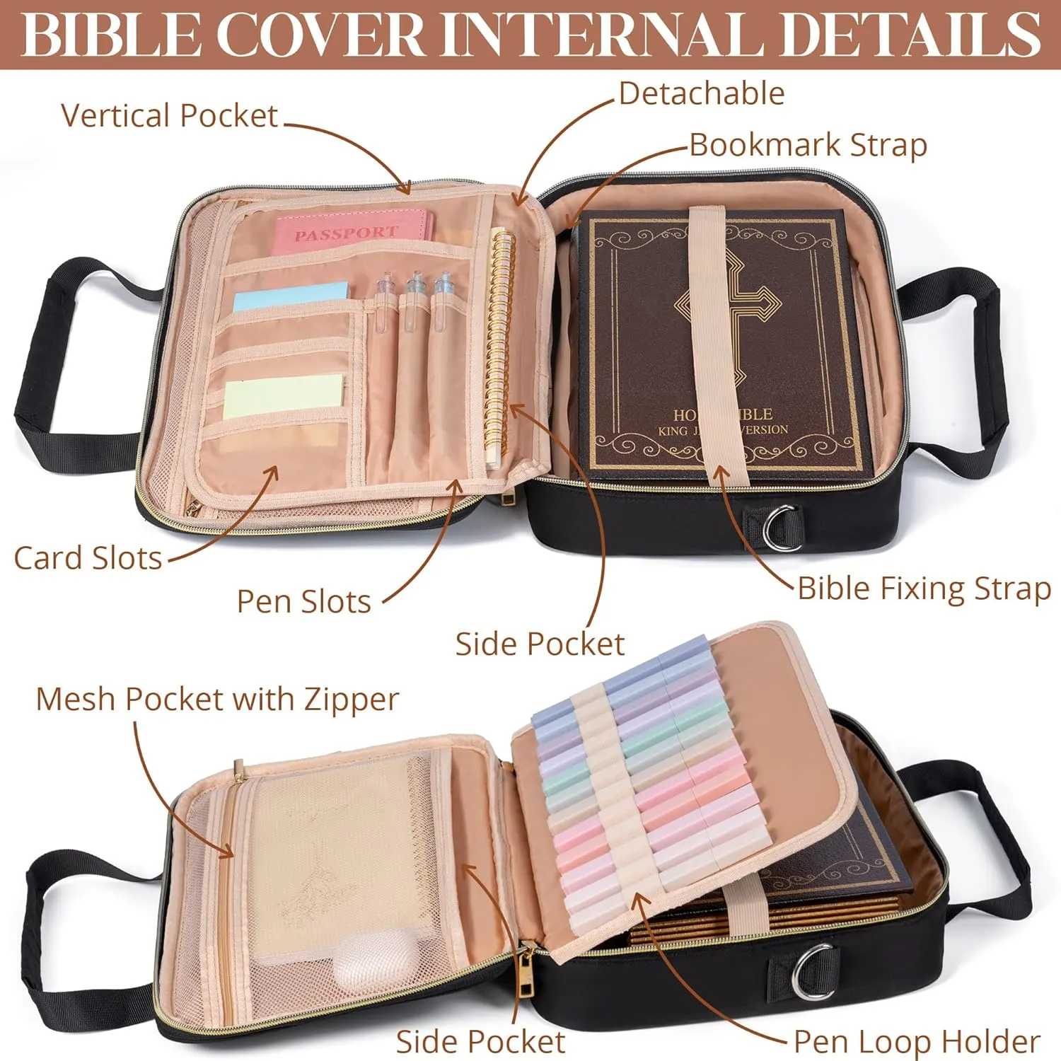 Bible Cover for Women Bible Case, Large Bible Bag w/Shoulder Strap, Bible Study Supplies Bible Journaling Kit Book Carrying Case with Bible Highlighters Tabs, Mothers Day Christian Gifts for Women