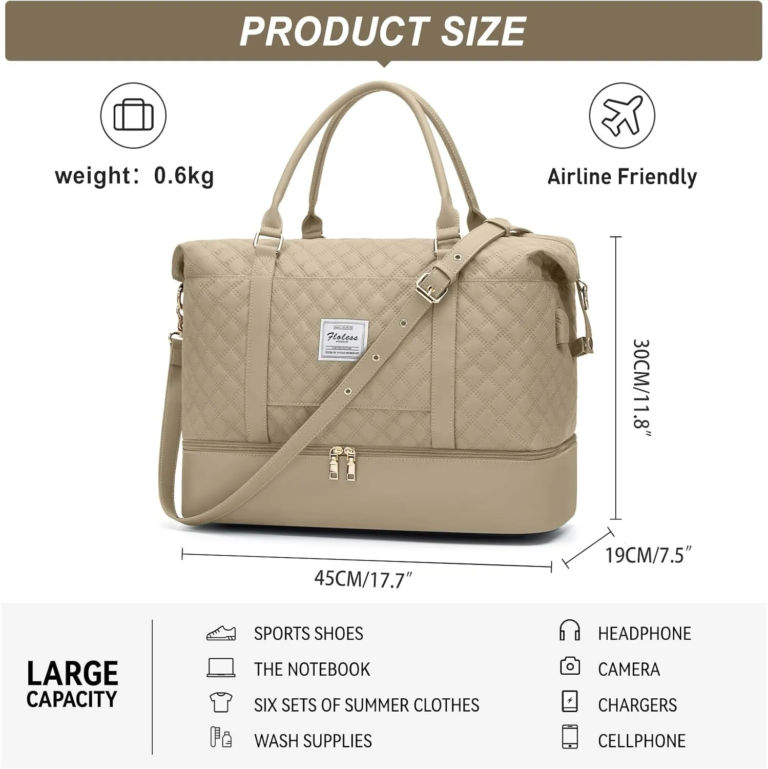 BJLFS Gym Bag for Women, Carry on Weekender Overnight Bag, Travel Duffel Bags with Trolley Sleeve, Personal Item Travel Bag Tote Bag Workout Dance Bag Khaki