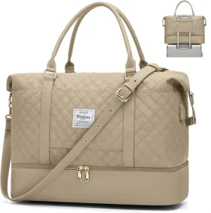 BJLFS Gym Bag for Women, Carry on Weekender Overnight Bag, Travel Duffel Bags with Trolley Sleeve, Personal Item Travel Bag Tote Bag Workout Dance Bag Khaki