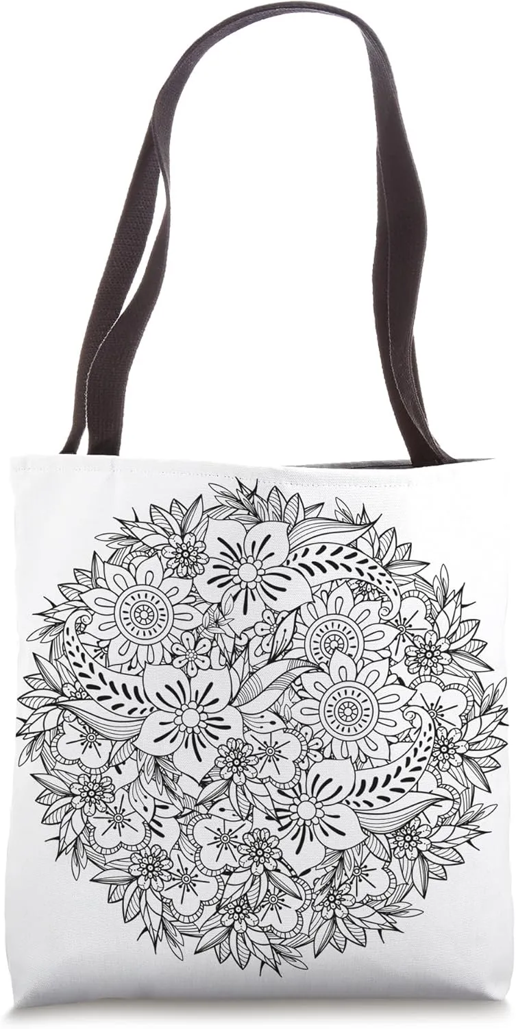 Black & White Color Your Own Floral Wreath Adult Coloring Tote Bag