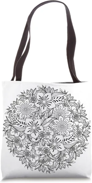 Black & White Color Your Own Floral Wreath Adult Coloring Tote Bag