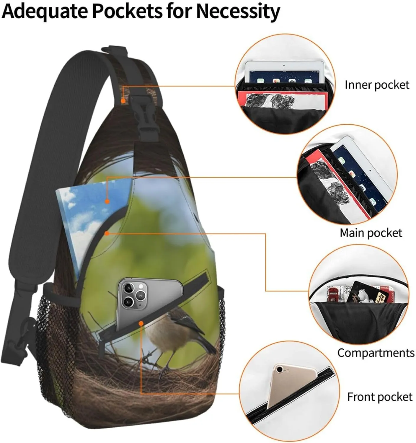 Black And Gold Flowers Crossbody Bag Chest Shoulder Bag Small Casual Backpack Suitable For Women Men Hiking