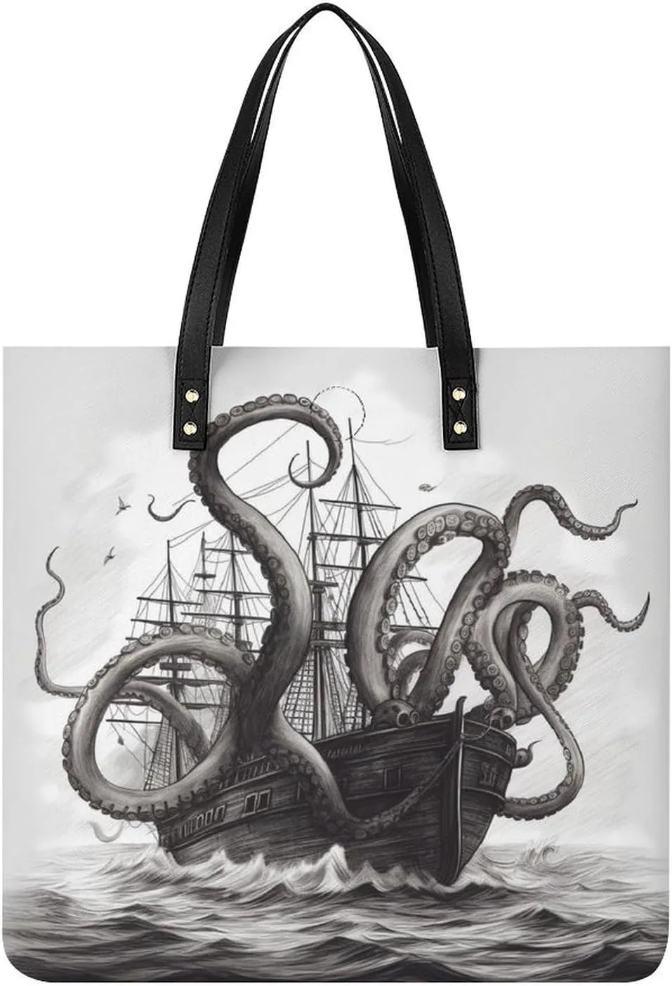 Black And White Octopus And Ship Tote Bag Durable Water-Resistant Handbags Lightweight Tote for Travel Work Book