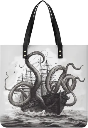 Black And White Octopus And Ship Tote Bag Durable Water-Resistant Handbags Lightweight Tote for Travel Work Book