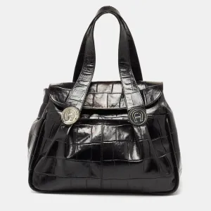 Black Croc Embossed Leather Satchel