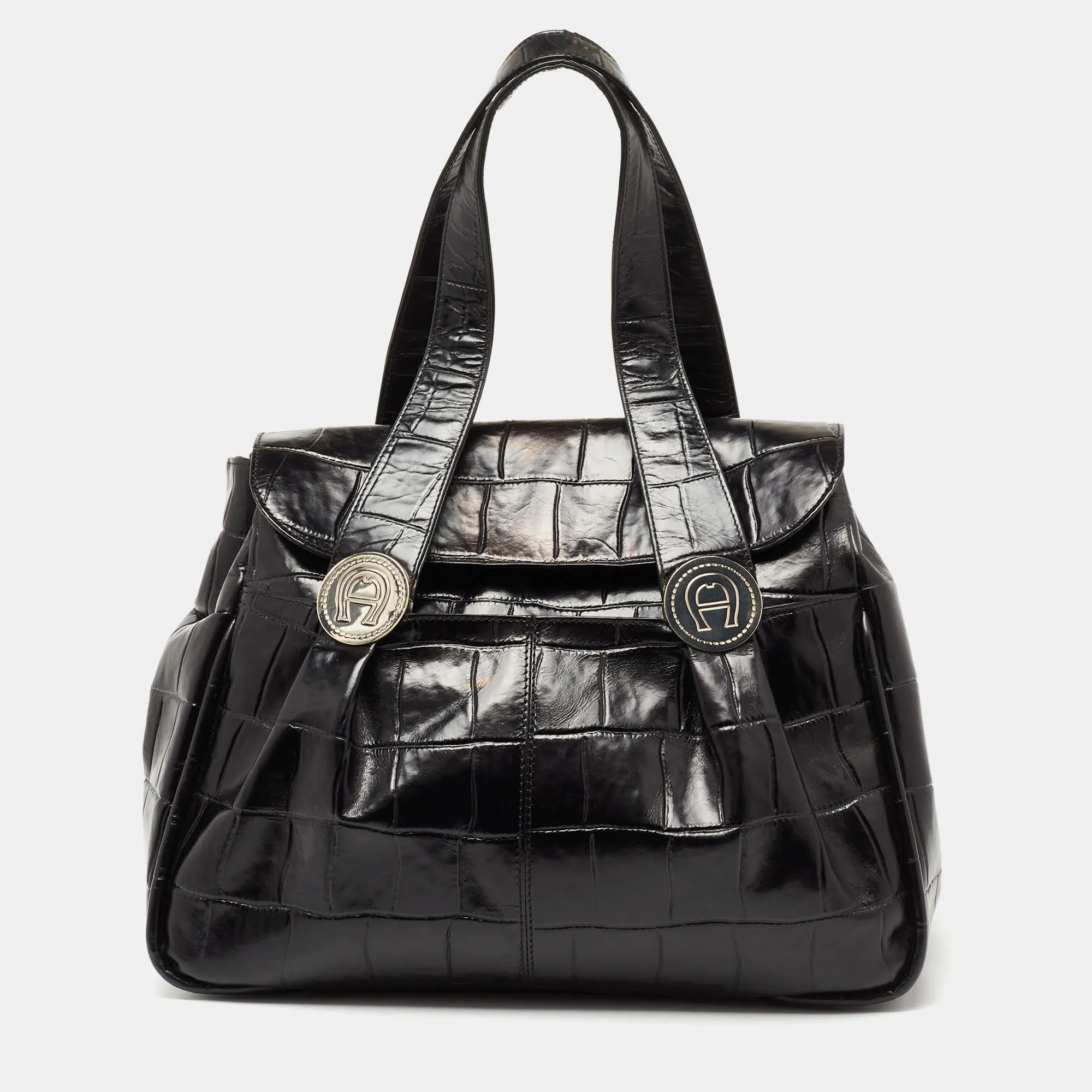 Black Croc Embossed Leather Satchel