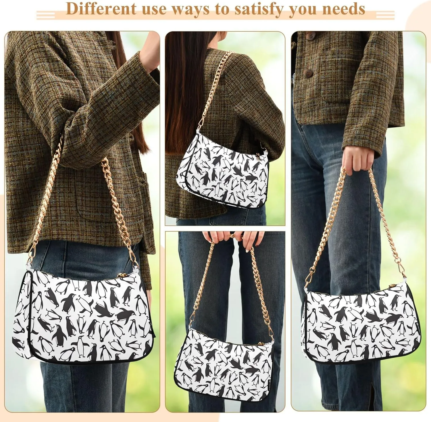 Black White Penguin Cute Purse Bag Hobo Formal Purse Women Small Handbag Chain Shoulder Strap