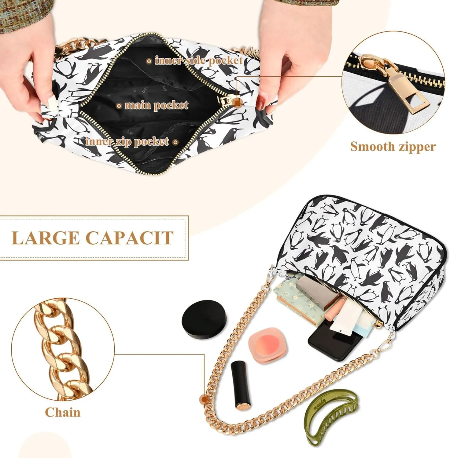 Black White Penguin Cute Purse Bag Hobo Formal Purse Women Small Handbag Chain Shoulder Strap