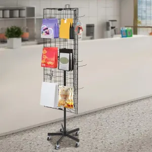 Black Wire Gridwall Retail Display Rack with 3 Grid Wall Panels 12 Hooks 5 Wheels (2 with Brakes) Freestanding Retail Display Stand to Put Handicrafts Hats Toys for Store Market 15.75*15.75*66.14in