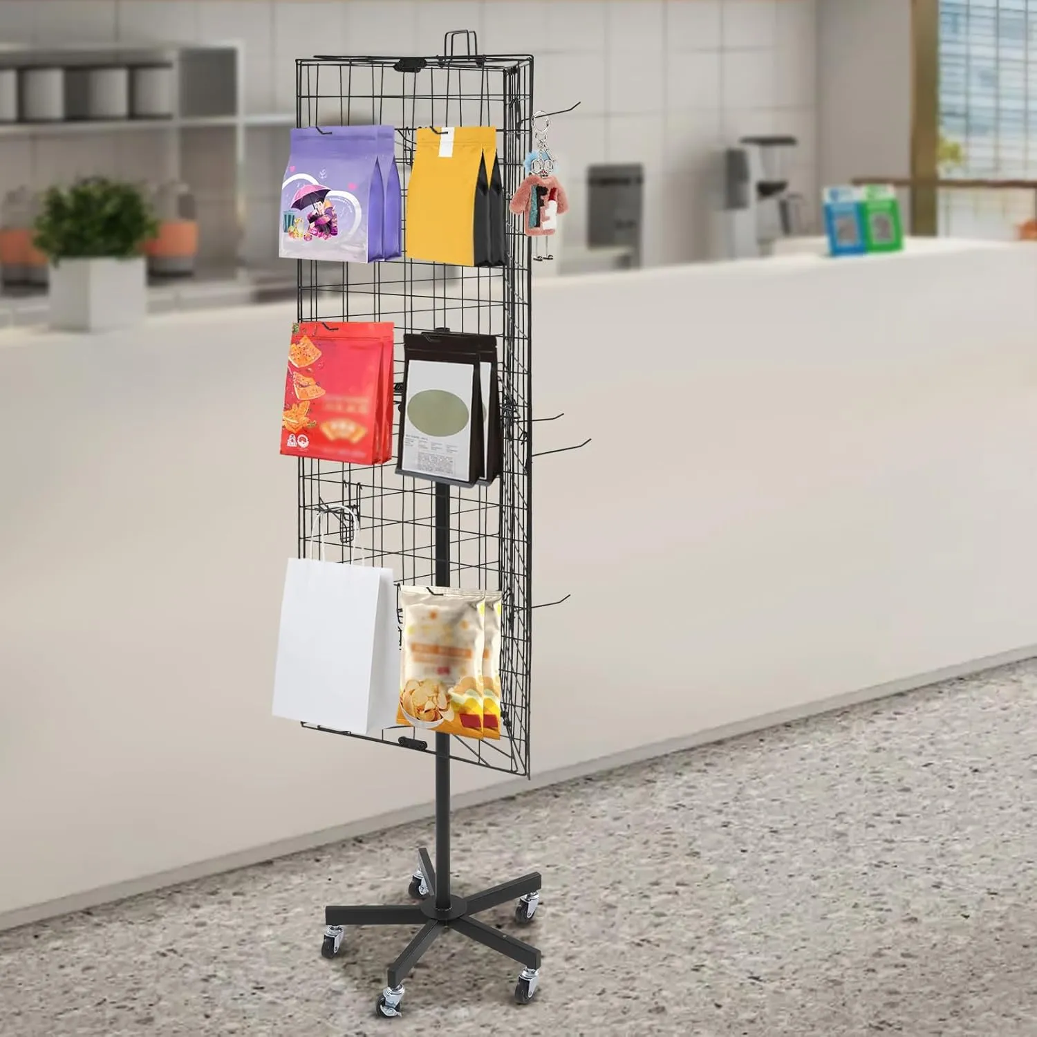 Black Wire Gridwall Retail Display Rack with 3 Grid Wall Panels 12 Hooks 5 Wheels (2 with Brakes) Freestanding Retail Display Stand to Put Handicrafts Hats Toys for Store Market 15.75*15.75*66.14in