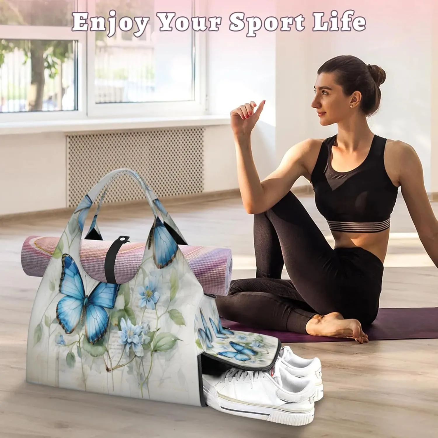 Blue Butterfly Floral Waterproof Gym Bag for Men Women, Sports Duffel Bag with Shoe Compartment Yoga Mat Holder, Portable Large Travel Bag for Fitness, Camping, Weekend Trips