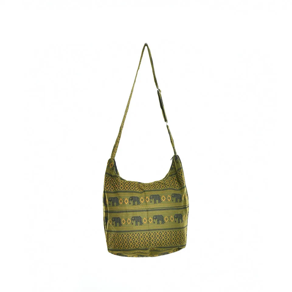 Bohotusk Green Elephant Cotton Sling Shoulder Bag Adjustable Strap with Zip Closure