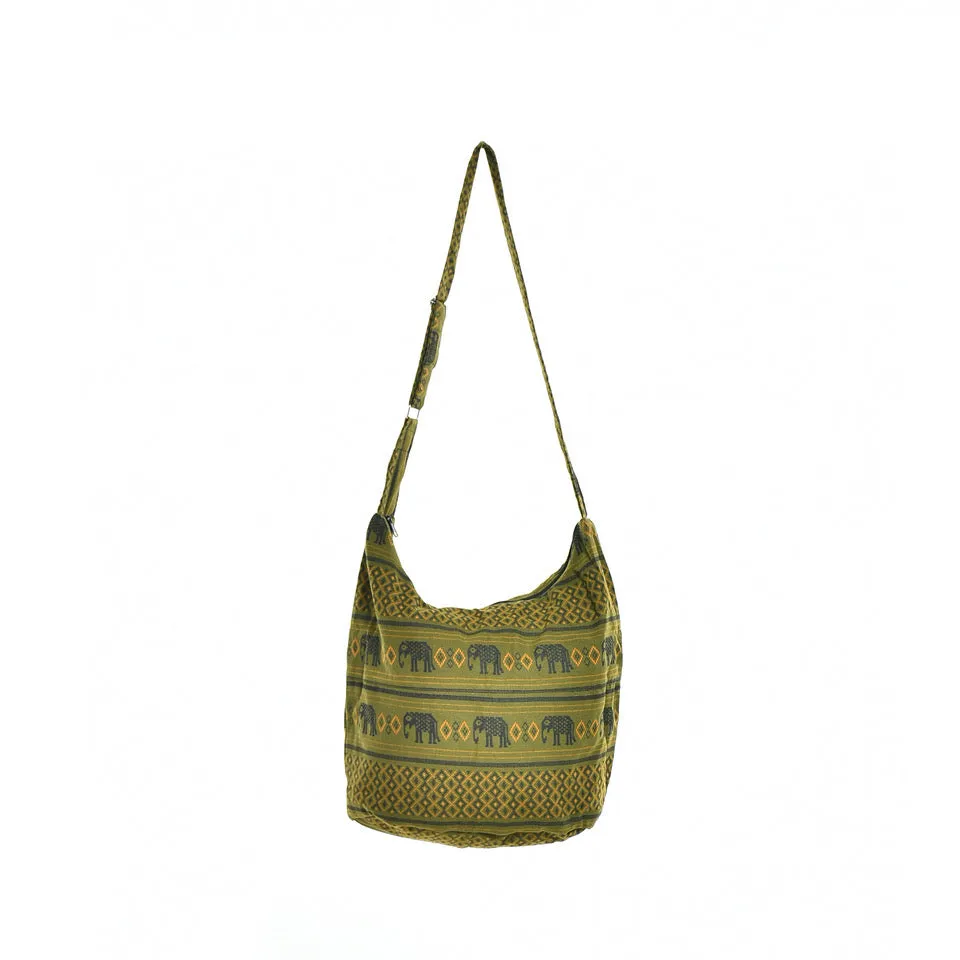 Bohotusk Green Elephant Cotton Sling Shoulder Bag Adjustable Strap with Zip Closure