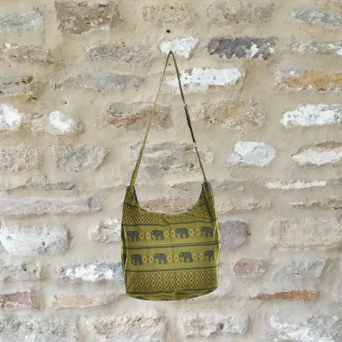 Bohotusk Green Elephant Cotton Sling Shoulder Bag Adjustable Strap with Zip Closure