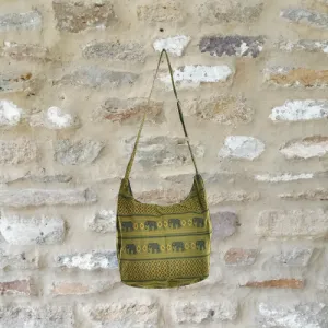 Bohotusk Green Elephant Cotton Sling Shoulder Bag Adjustable Strap with Zip Closure