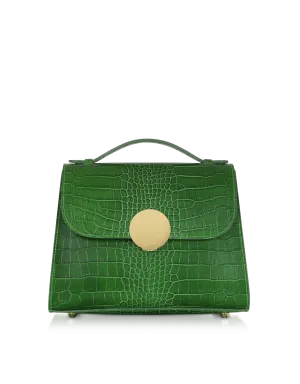 Bombo Croco Embossed Leather Top-Handle Satchel Bag w/Strap