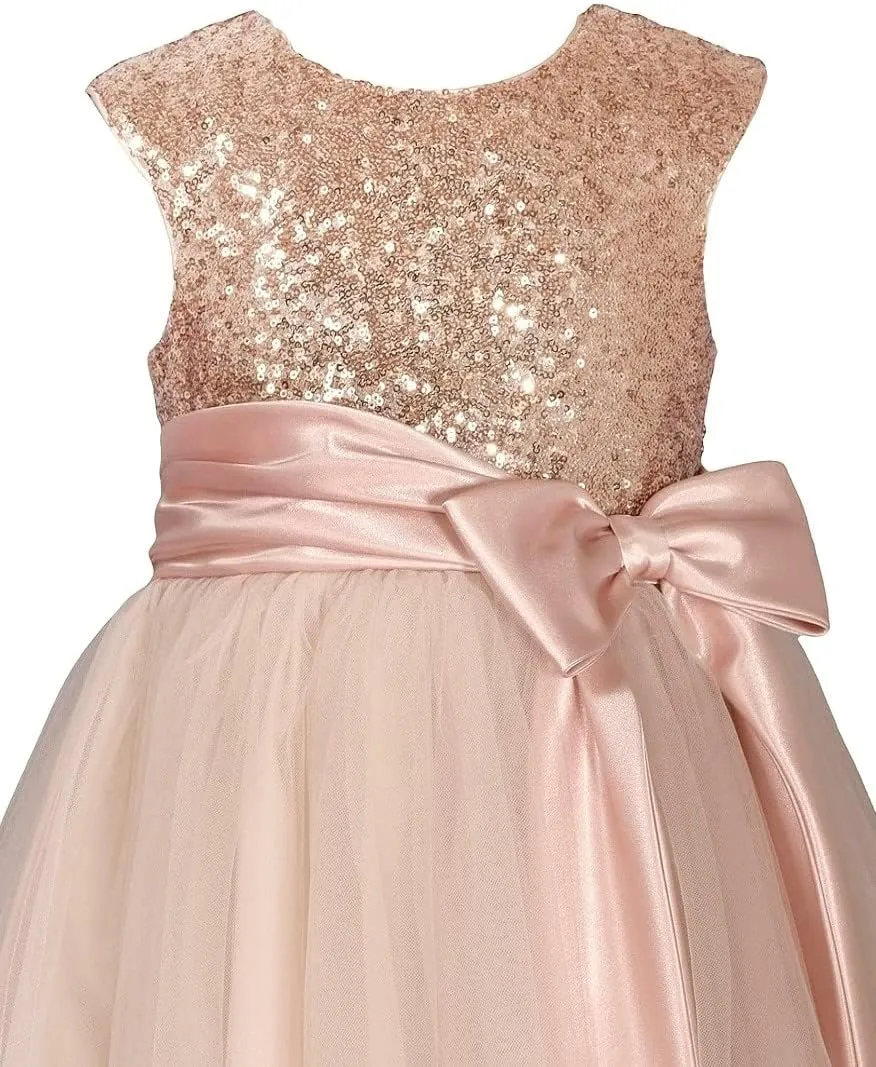 Bonnie Jean Girls 2T-16 Sequins Satin Bow Special Occasion Mesh Dress