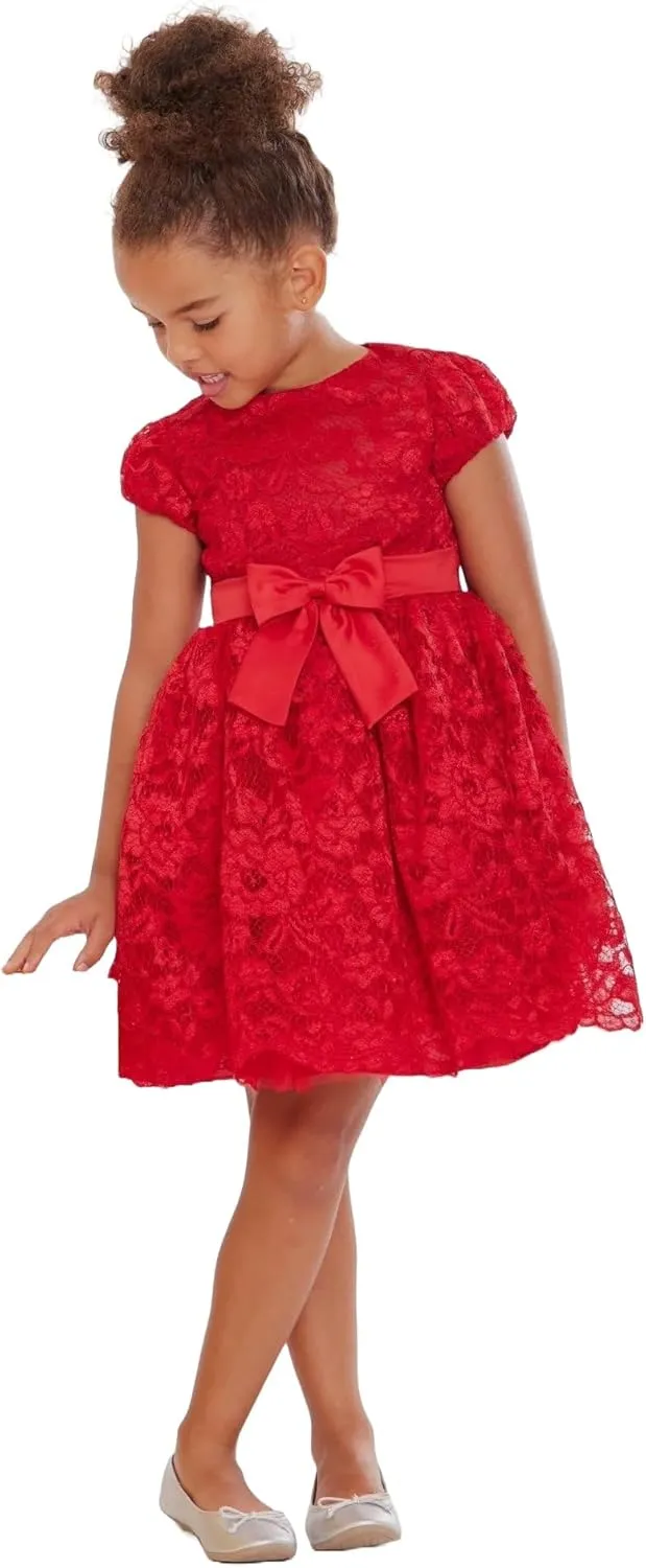 Bonnie Jean Girls 2T-6X Embroidered Lace Satin Bow Waist Dress