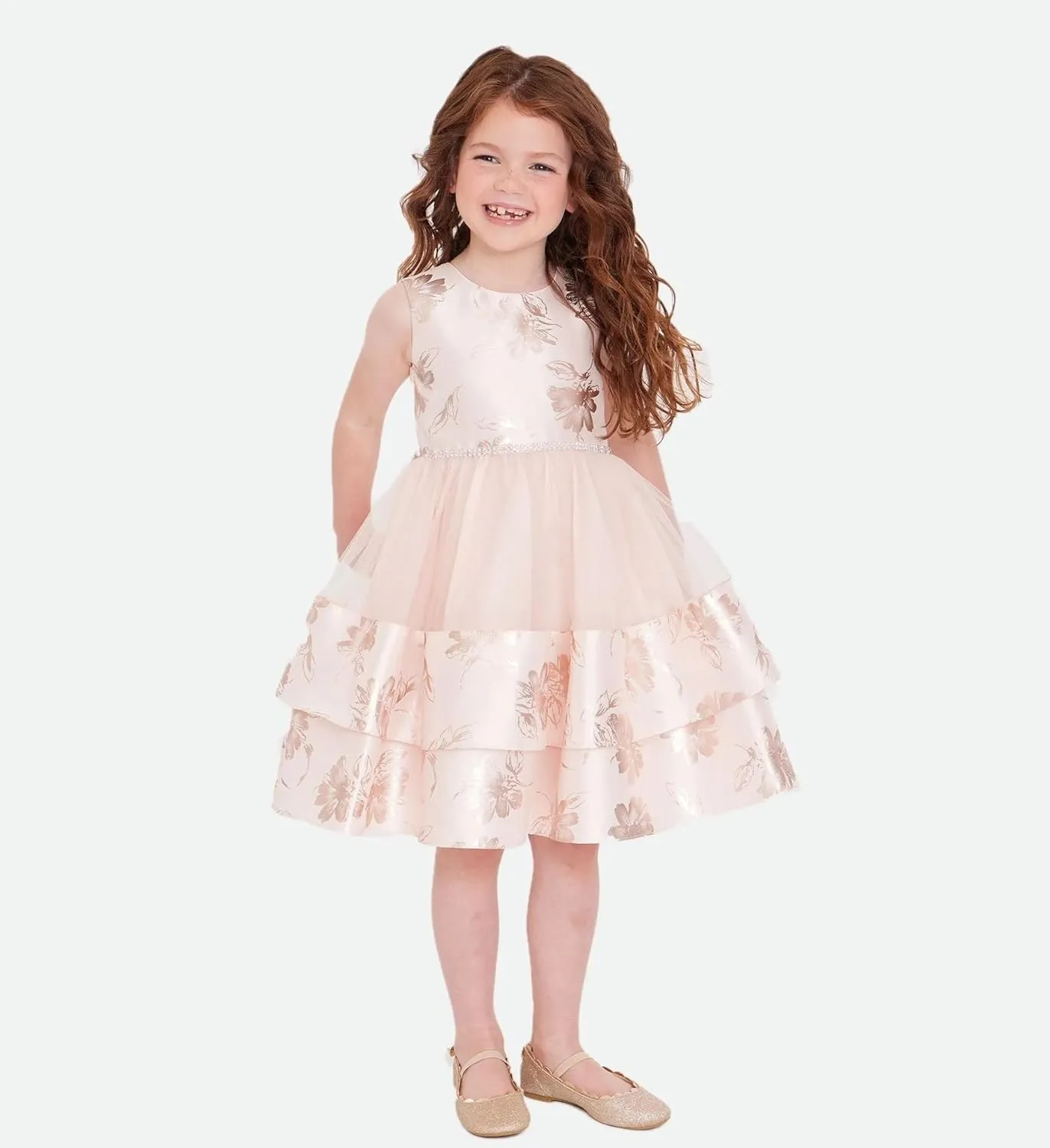 Bonnie Jean Girls 3M-6X Blush Platinum Foiled Floral Mikado Mesh Dress