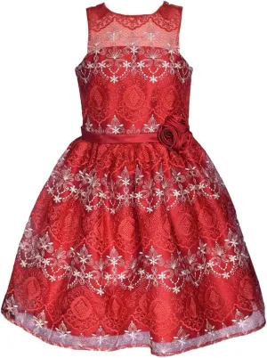 Bonnie Jean Girls 4-16 Red Ivory Embroidered Illusion Holiday Dress