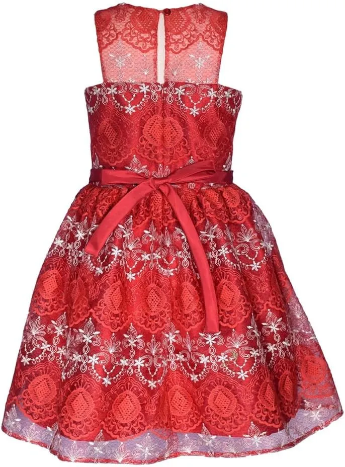 Bonnie Jean Girls 4-16 Red Ivory Embroidered Illusion Holiday Dress