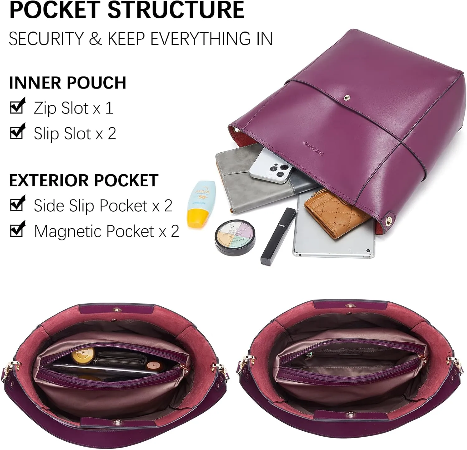 BOSTANTEN Women's Leather Designer Handbags Tote Purses Shoulder Bucket Bags