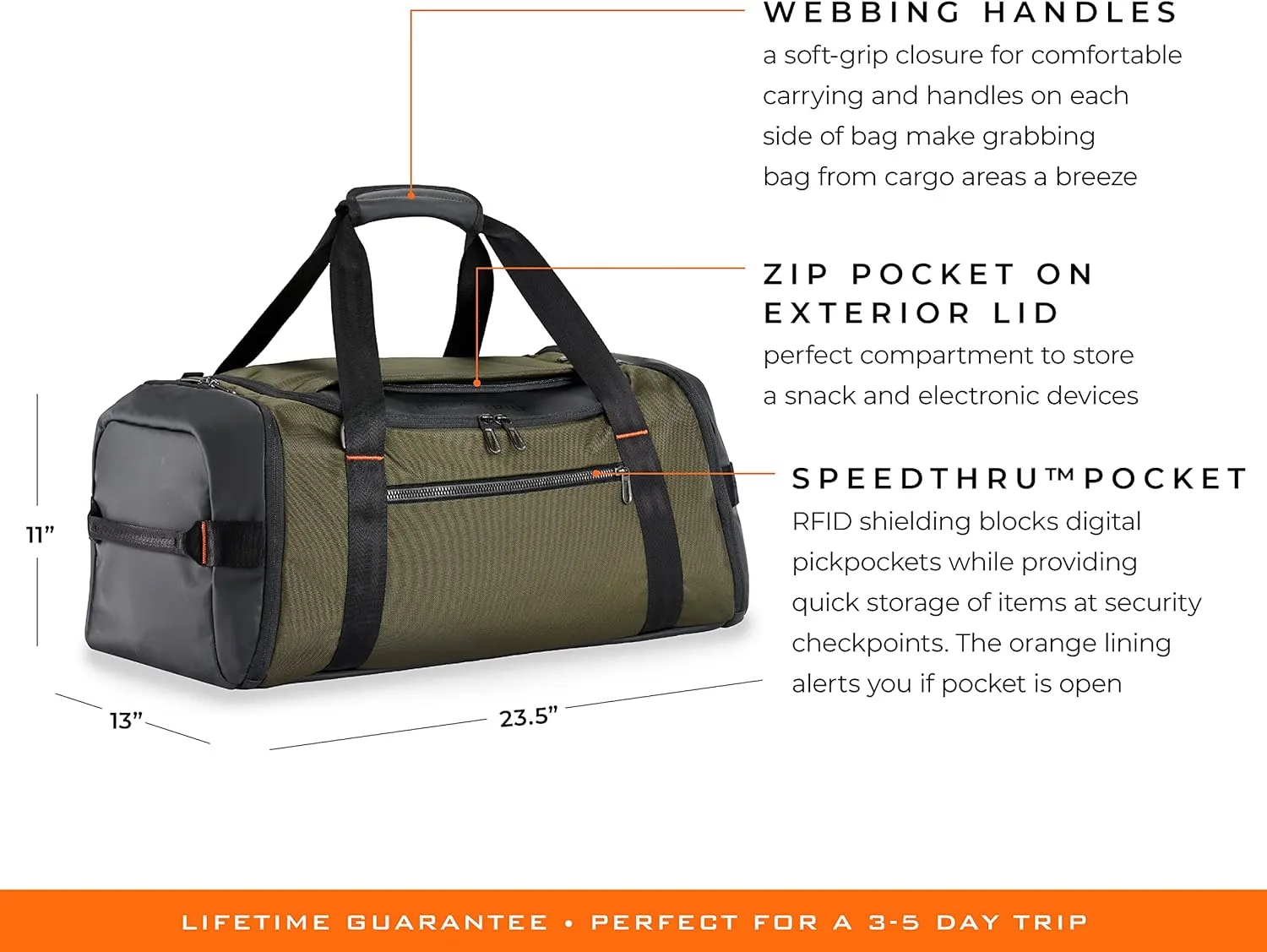 Briggs & Riley Large Travel Duffle Bag for Planes & Gym - Carry On Bag for Women & Men, Weekender & Overnight Luggage, Fits Most Overhead Bins, Adjustable Shoulder Strap - ZDX Collection, Hunter