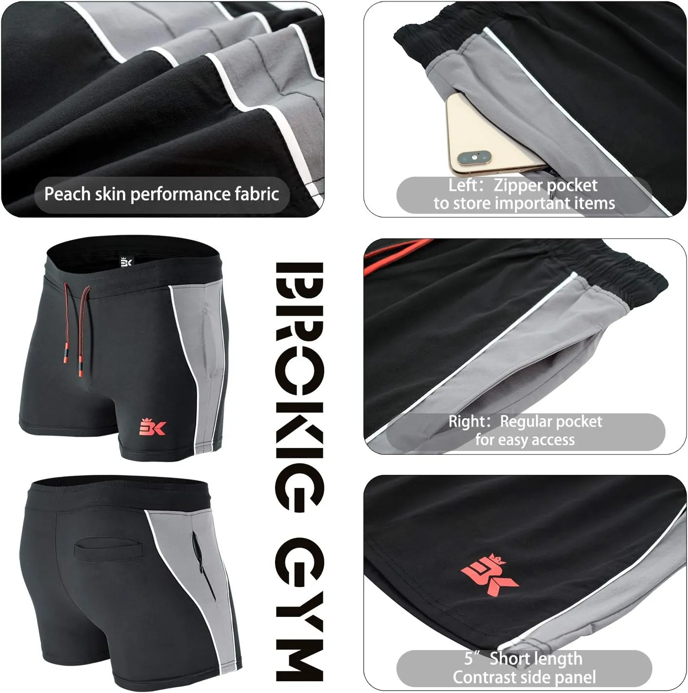 BROKIG Men's 5" Gym Bodybuilding Shorts Running Workout Lightweight Shorts Elastic Waistband with Pockets