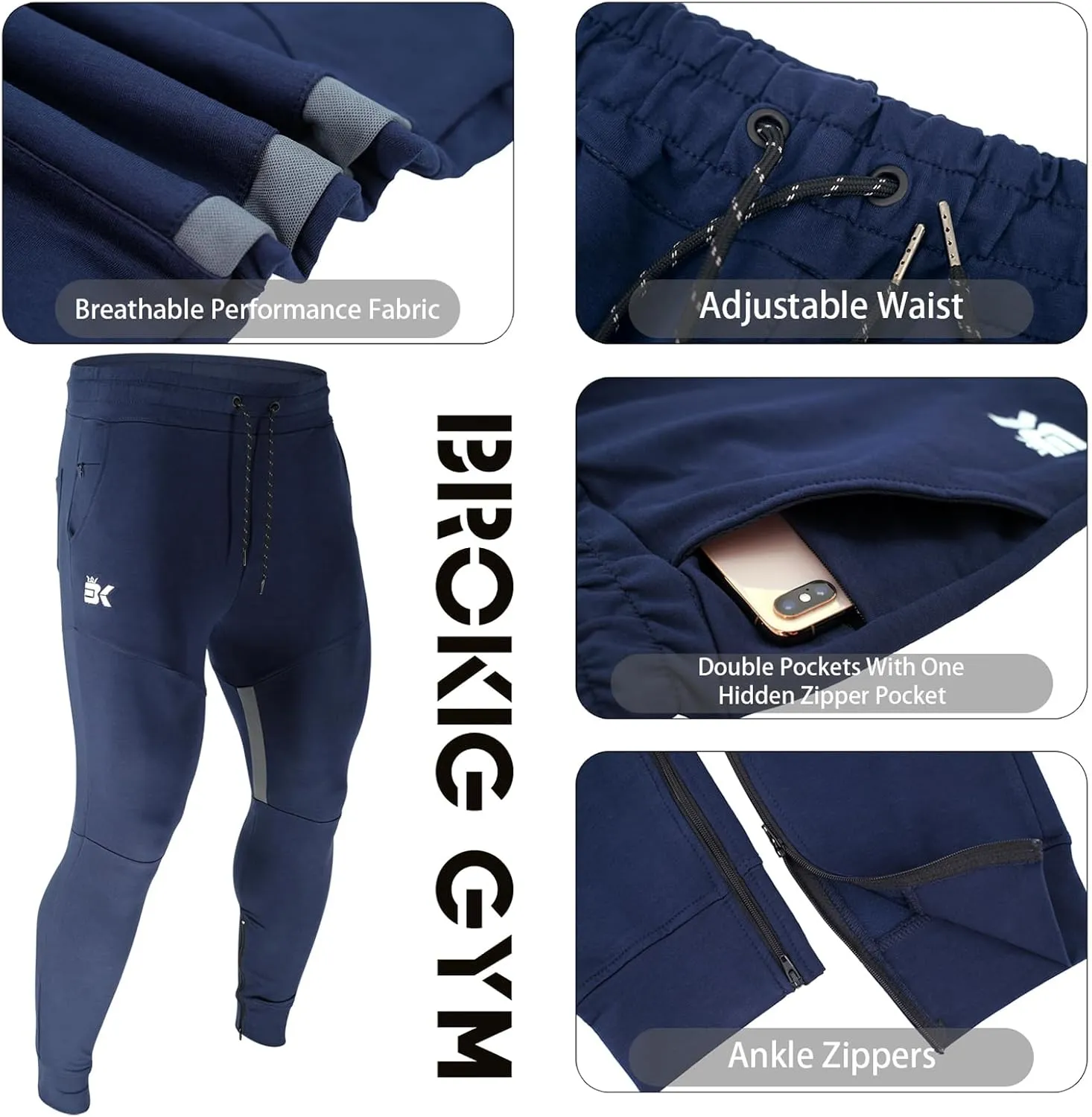 BROKIG Mens Gym Jogger Pants,Casual Slim Workout Sweatpants with Zipper Pockets Bodybuilding Athletic Pants
