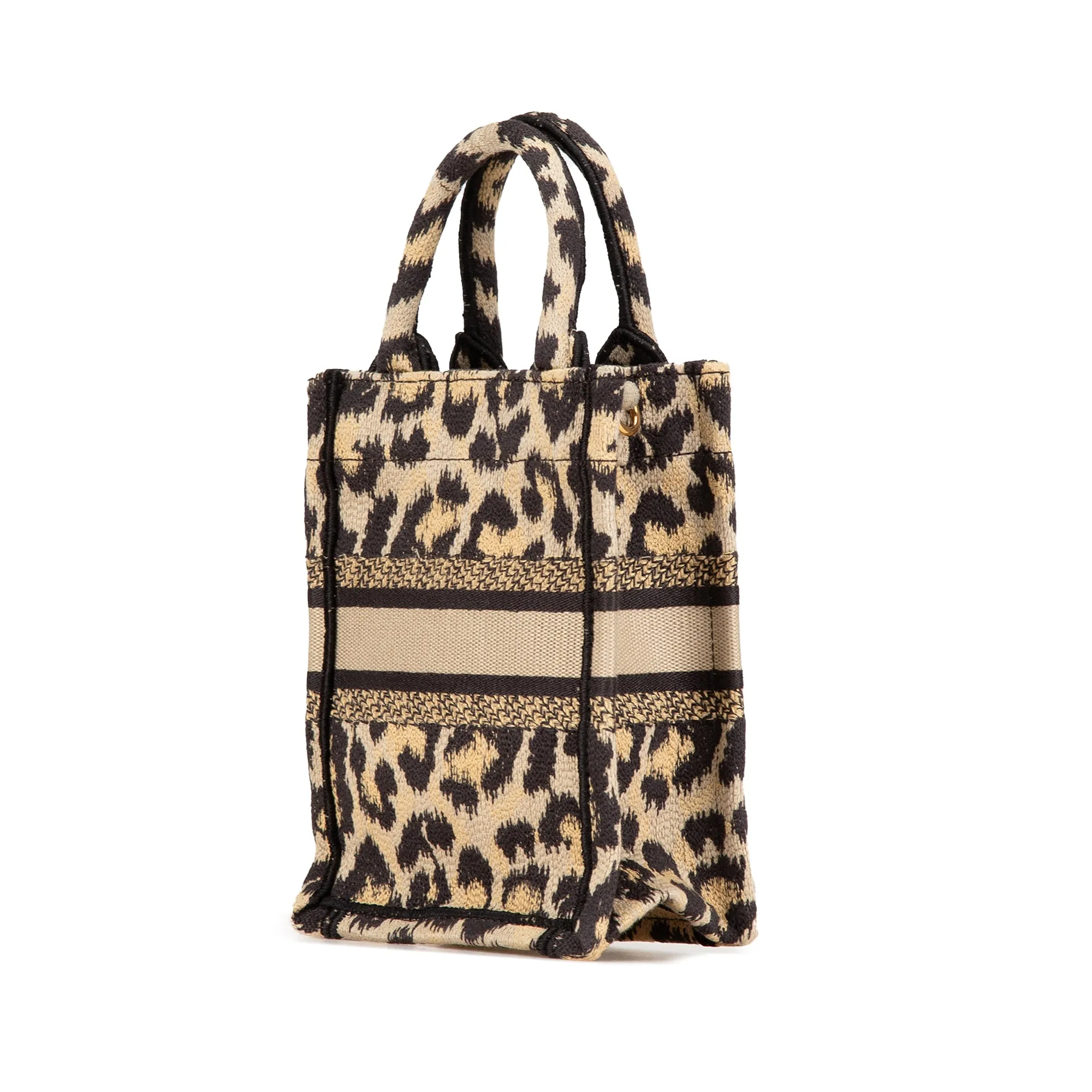 Brown Dior Mizza Mini Embroidered Canvas Leopard Vertical Book Tote Satchel