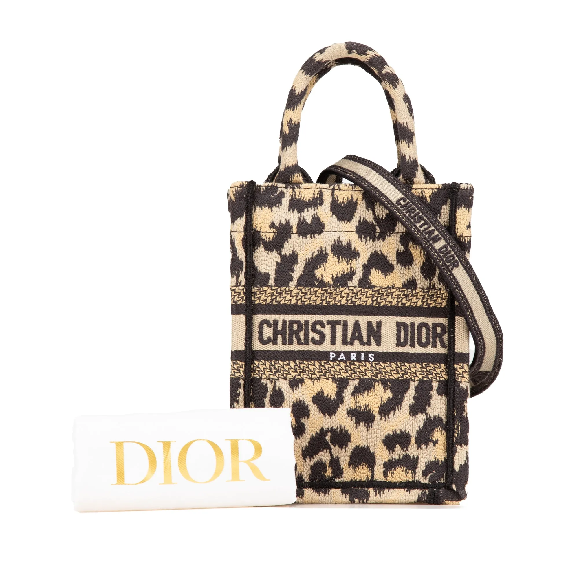 Brown Dior Mizza Mini Embroidered Canvas Leopard Vertical Book Tote Satchel