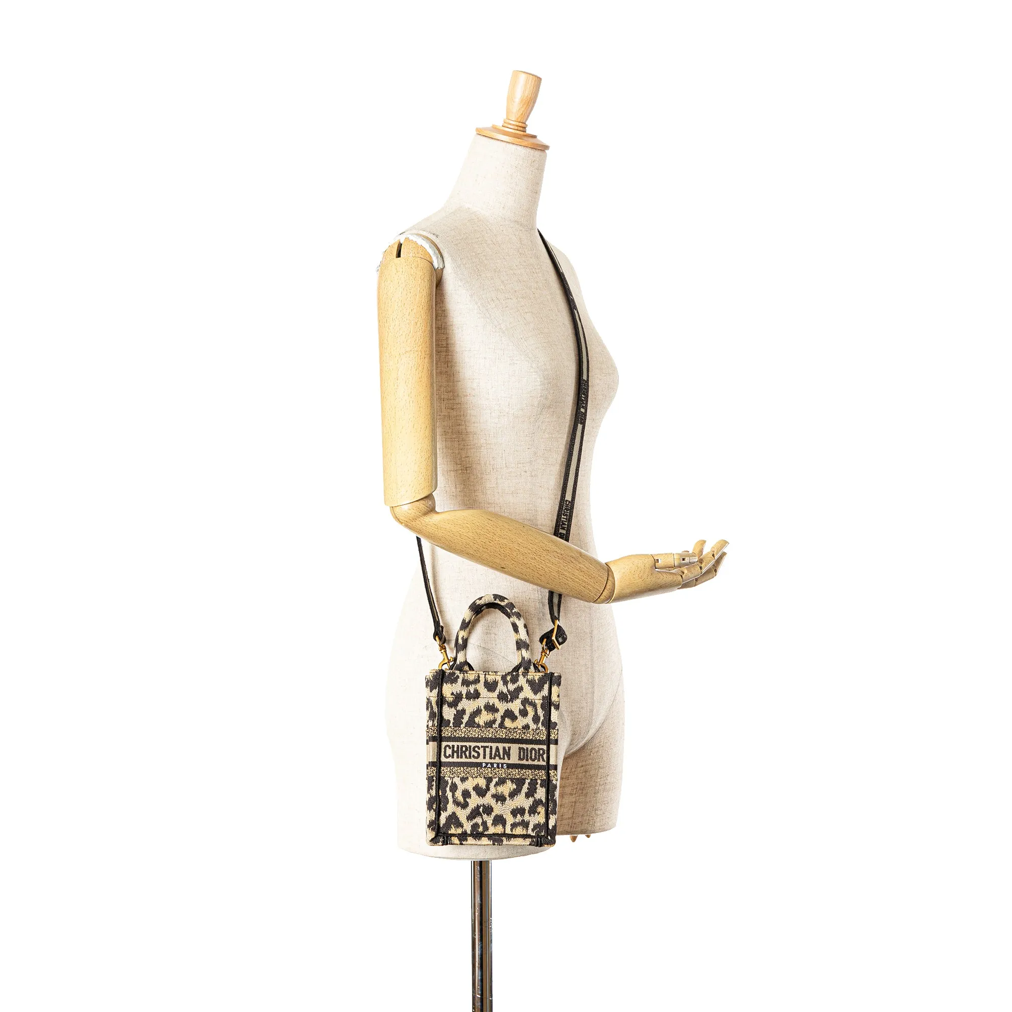 Brown Dior Mizza Mini Embroidered Canvas Leopard Vertical Book Tote Satchel