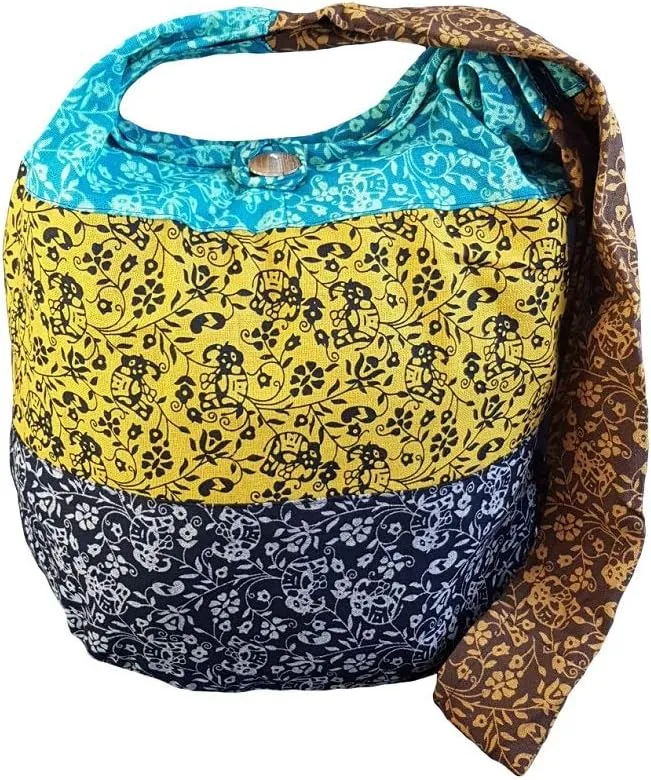 BTP! Elephant Floral Print Sling Crossbody Shoulder Bag Purse Hippie Hobo Thai Cotton Gypsy Bohemian Large