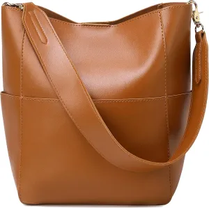 Bucket Purses for Women Designer PU Leather Bucket Bags With 2 Adjustable Guitar Strap Hobo Bags for Women (Brown 01)
