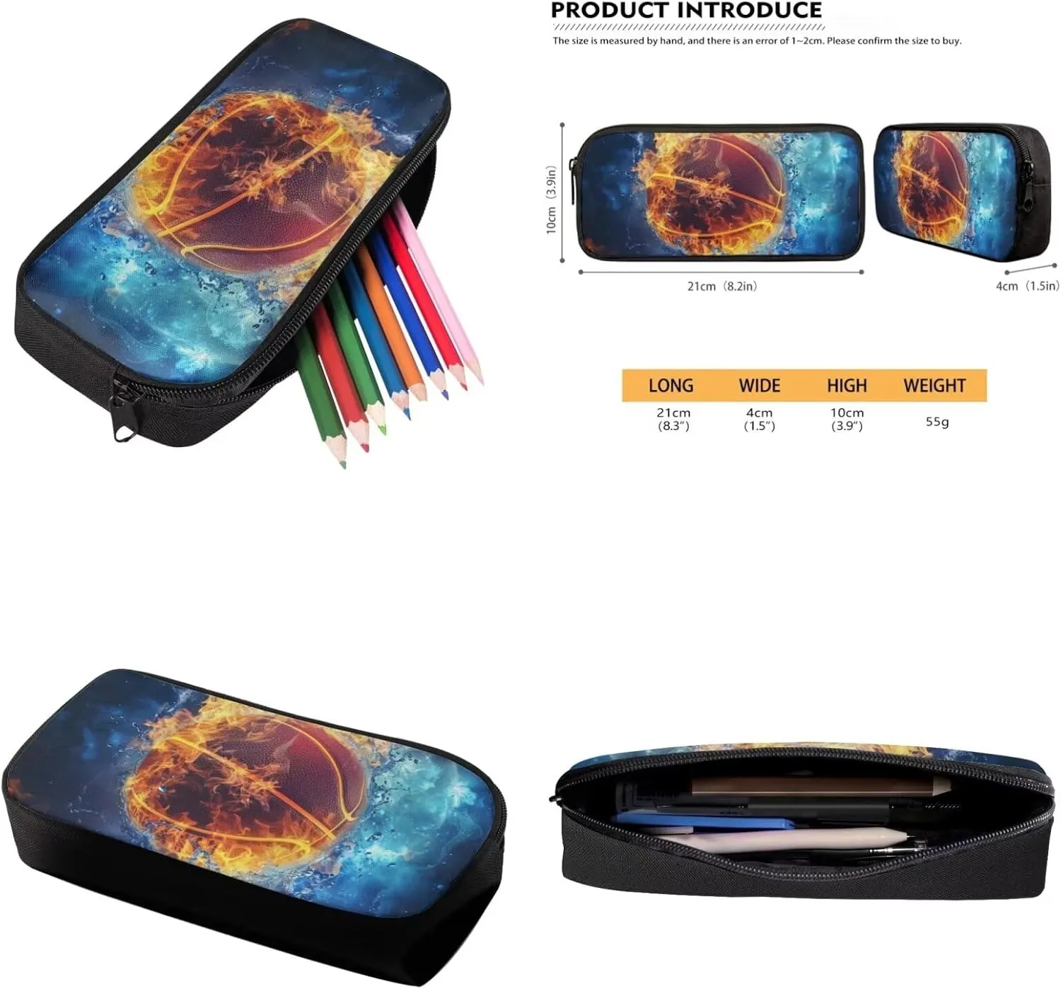 Burning Basketball 17 Inch Double Zipper School Bag Lunch Box Pencil Case 3 in 1 Book Bags for Kids Travel Backpack for Junior High Student School Bag Set for Children
