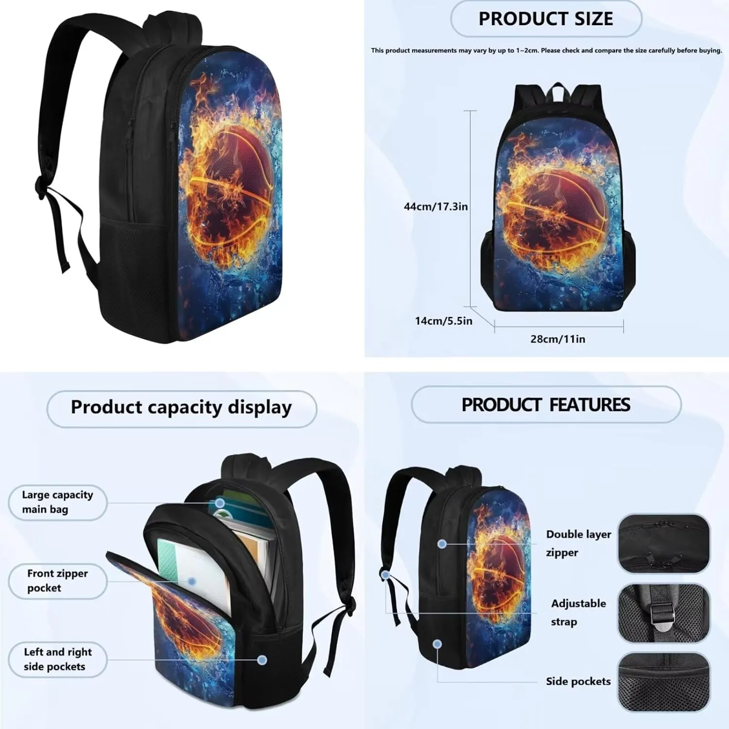 Burning Basketball 17 Inch Double Zipper School Bag Lunch Box Pencil Case 3 in 1 Book Bags for Kids Travel Backpack for Junior High Student School Bag Set for Children