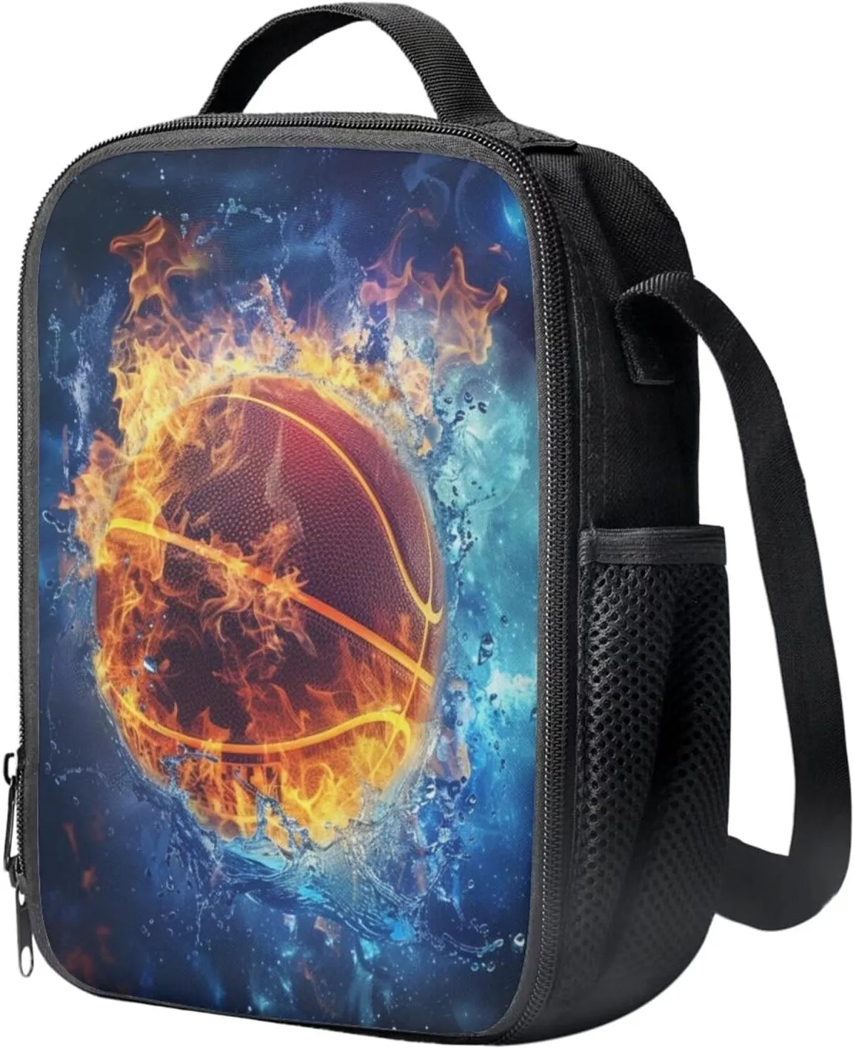 Burning Basketball 17 Inch Double Zipper School Bag Lunch Box Pencil Case 3 in 1 Book Bags for Kids Travel Backpack for Junior High Student School Bag Set for Children